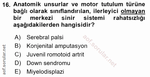 16. soru: Anatomik unsurlar ve motor tutulum türüne bağlı olarak sınıflandırılan, ilerleyici olmayan bir merkezi sinir sistemi…
