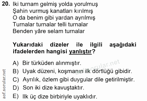 20. soru: Iki turnam gelmiş yolda yorulmuş Şahin vurmuş kanatları kırılmış O da benim gibi yardan ayrılmış Turnalar turnalar te…