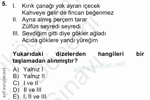 5. soru: I. Kırık çanağı yok ayran içecek Kahveye gelir de fincan beğenmez II. Ayna almış perçem tarar Zülfün seyredi seyredi…