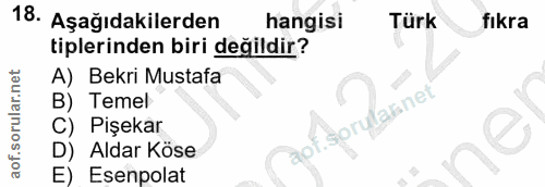 18. soru: Aşağıdakilerden hangisi Türk fıkra tiplerinden biri değildir? A) Bekri Mustafa B) Temel C) Pişekar apt. orylasnet D)…