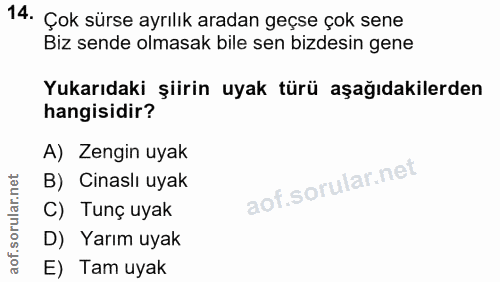 14. soru: Çok sürse ayrılık aradan geçse çok sene Biz sende olmasak bile sen bizdesin gene Yukarıdaki şiirin uyak türü aşağıdak…