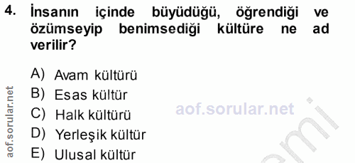 4. soru: İnsanın içinde büyüdüğü, öğrendiği ve özümseyip benimsediği kültüre ne ad verilir? A) Avam kültürü B) Esas kültür C)…