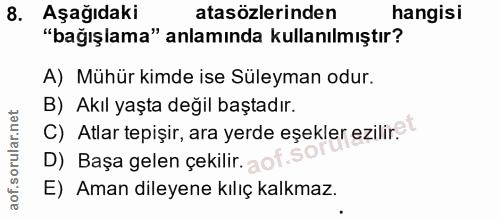 8. soru: Aşağıdaki atasözlerinden hangisi "bağışlama" anlamında kullanılmıştır? A) Mühür kimde ise Süleyman odur. B) Akıl yaşt…