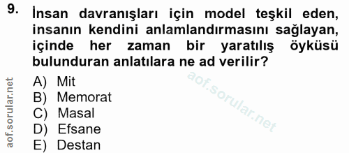9. soru: İnsan davranışları için model teşkil eden, insanın kendini anlamlandırmasını sağlayan, içinde her zaman bir yaratılış…