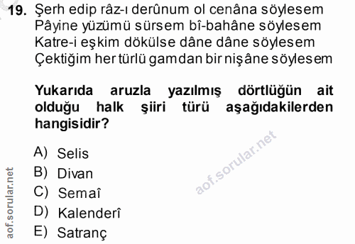 19. soru: Şerh edip râz-ı derünum ol cenâna söylesem Pâyine yüzümü sürsem bi-bahâne söylesem Katre-i eşkim dökülse dâne dâne sö…