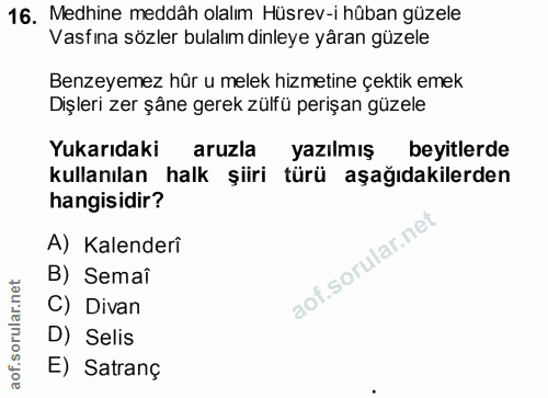 16. soru: Medhine meddâh olalım Hüsrev-i hüban güzele Vasfına sözler bulalım dinleye yâran güzele Benzeyemez hûr u melek hizmet…