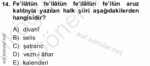 14. soru: Fe'ilâtün fe'ilâtün fe'ilâtün fe'ilün aruz kalıbıyla yazılan halk şiiri aşağıdakilerden hangisidir? A) divanî B) seli…