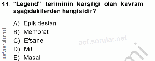 11. soru: "Legend" teriminin karşılığı olan kavram aşağıdakilerden hangisidir? A) Epik destan B) Memorat C) Efsane D) Mit E) Masal