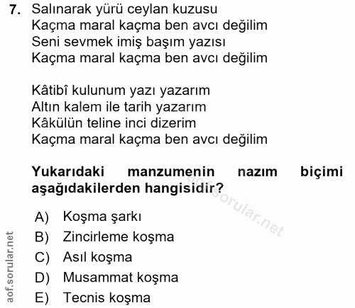 7. soru: Salınarak yürü ceylan kuzusu Kaçma maral kaçma ben avcı değilim Seni sevmek imiş başım yazısı Kaçma maral kaçma ben a…