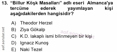13. soru: "Billur Köşk Masalları" adlı eseri Almanca'ya tercüme ederek yayımlayan kişi aşağıdakilerden hangisidir? A) Theodor H…