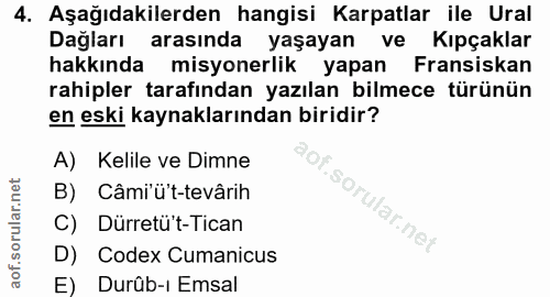 4. soru: Aşağıdakilerden hangisi Karpatlar ile Ural Dağları arasında yaşayan ve Kıpçaklar hakkında misyonerlik yapan Fransiska…