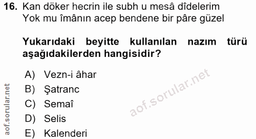 16. soru: Kan döker hecrin ile subh u mesâ dîdelerim Yok mu îmânın acep bendene bir pâre güzel Yukarıdaki beyitte kullanılan na…