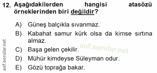 12. soru: Aşağıdakilerden hangisi atasözü örneklerinden biri değildir? A) Güneş balçıkla sıvanmaz. B) Kabahat samur kürk olsa d…