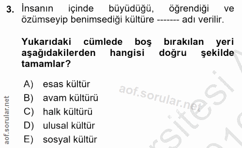 3. soru: Insanın içinde büyüdüğü, öğrendiği ve özümseyip benimsediği kültüre - adı verilir. Yukarıdaki cümlede boş bırakılan y…
