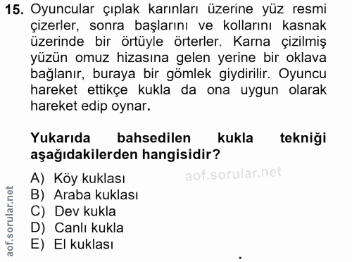 15. soru: Oyuncular çıplak karınları üzerine yüz resmi çızerler, sonra başlarını ve kollarını kasnak üzerinde bir örtüyle örter…