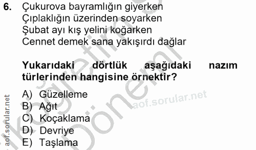 6. soru: Çukurova bayramlığın giyerken Çıplaklığın üzerinden soyarken Şubat ayı kış yelini koğarken Cennet demek sana yakışırd…