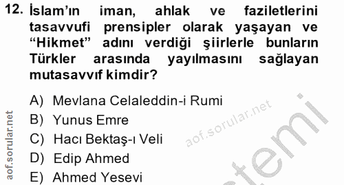 12. soru: İslam'ın iman, ahlak ve faziletlerini tasavvufi prensipler olarak yaşayan ve "Hikmet" adını verdiği şiirlerle bunları…