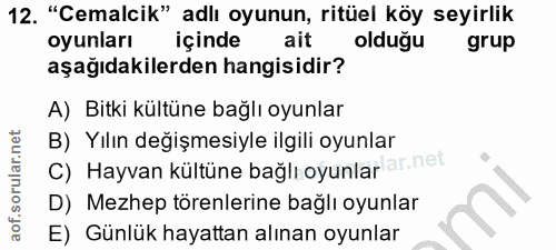 12. soru: "Cemalcik" adlı oyunun, ritüel köy seyirlik oyunları içinde ait olduğu grup aşağıdakilerden hangisidir? A) Bitki kült…