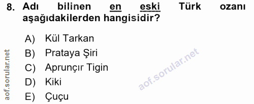 8. soru: Adı agağıdakilerden hangisidıki bilinen Türk ozanı A) Kül Tarkan B) Prataya Şiri C) Aprunçır Tigin D) Kiki E) Çuçu
