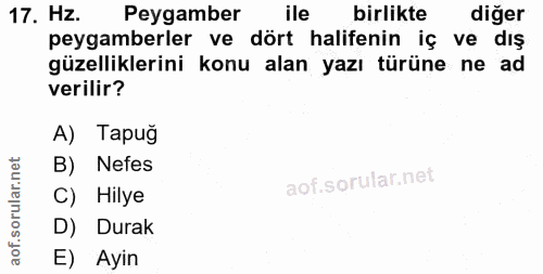 17. soru: Hz. Peygamber ile birlikte diğer peygamberler ve dört halifenin iç ve dış güzelliklerini konu alan yazı türüne ne ad…