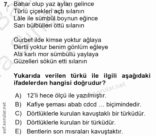 7. soru: Bahar olup yaz ayları gelince Türlü çiçekleri açtı sılanın Lâle ile sümbül boynun eğince Sarı bülbülleri ottü sılanın…