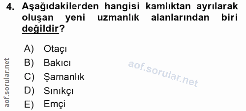 4. soru: Aşağıdakilerden hangisi kamlıktan ayrılarak oluşan yeni uzmanlık alanlarından biri değildir? A) Otaçı B) Bakıcı C) Şa…