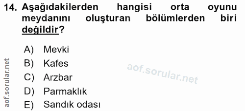 14. soru: Aşağıdakilerden hangisi orta oyunu meydanını oluşturan bölümlerden biri değildir? A) Mevki B) Kafes C) Arzbar D) Parm…