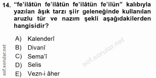 14. soru: "fe'ilâtün fe'ilâtün fe'ilâtün fe'ilün" kalıbıyla yazılan âşık tarzı şiir geleneğinde kullanılan aruzlu tür ve nazım…
