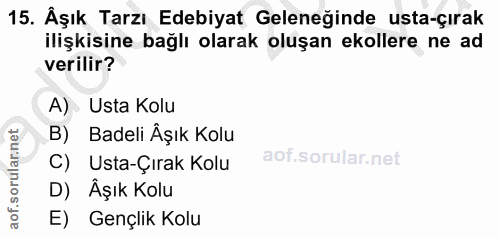 15. soru: Âşık Tarzı Edebiyat Geleneğinde usta-çırak ilişkisine bağlı olarak oluşan ekollere ne ad verilir? A) Usta Kolu B) Bad…