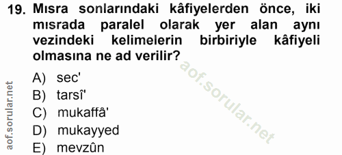 19. soru: Mısra sonlarındaki kâfiyelerden önce, iki misrada paralel olarak yer alan aynı vezindeki kelimelerin birbiriyle kâfiy…