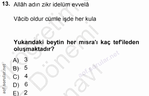 13. soru: Allâh adın zikr idelüm evvelâ Vâcib oldur cümle işde her kula Yukarıdaki beytin her mısra'ı kaç tef'ileden oluşmaktad…