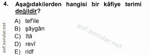 4. soru: Aşağıdakilerden hangisi bir kâfiye terimi değildir? A) tefile B) sâygân C) ita D) revi E) ridf