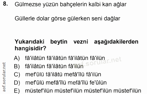 8. soru: Gülmezse yüzün bahçelerin kalbi kan ağlar Güllerle dolar görse gülerken seni dağlar Yukarıdaki beytin vezni aşağıdaki…
