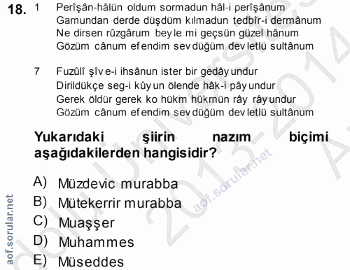 18. soru: 1 Perişân-hâlün oldum sormadun hâl-i perîşânum Gamundan derde düşdüm kılmadun tedbîr-i dermânum Ne dirsen rüzgârum be…