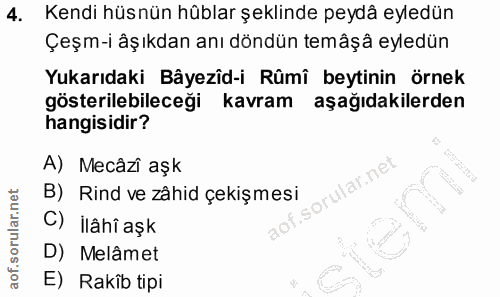 4. soru: Kendi hüsnün hüblar şeklinde peydâ eyledün Çeşm-i aşıkdan anı döndün temâşâ eyledün Yukarıdaki Bâyezîd-i Rûmî beytini…