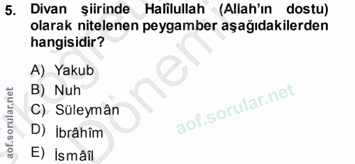 5. soru: Divan şiirinde Halilullah (Allah'ın dostu) olarak nitelenen peygamber aşağıdakilerden hangisidir? A) Yakub B) Nuh C)…