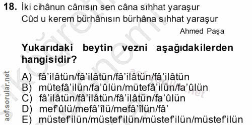 18. soru: Iki cihânun cânisın sen câna sihhat yaraşur Cûd u kerem bürhânısın bürhâna sıhhat yaraşur Ahmed Paşa Yukarıdaki beyti…