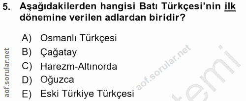 5. soru: Aşağıdakilerden hangisi Batı Türkçesi'nin ilk dönemine verilen adlardan biridir? A) Osmanlı Türkçesi Çağatay C) Harez…