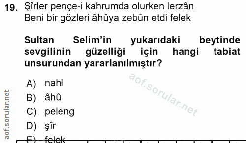 19. soru: Şîrler pençe-i kahrumda olurken lerzân Beni bir gözleri âhûya zebûn etdi felek Sultan Selim'in yukarıdaki beytinde se…