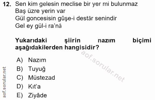 12. soru: Sen kim gelesin meclise bir yer mi bulunmaz Baş üzre yerin var Gül goncesisin gûşe-i destâr senindir Gel ey gül-i ra'…