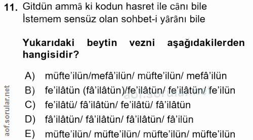 11. soru: Gitdün ammâ ki kodun hasret ile cânı bile İstemem sensüz olan sohbet-i yarânı bile Yukarıdaki beytin vezni aşağıdakil…