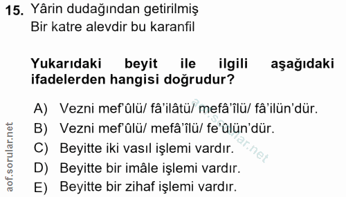 15. soru: Yârin dudağından getirilmiş Bir katre alevdir bu karanfil Yukarıdaki beyit ile ilgili aşağıdaki ifadelerden hangisi d…