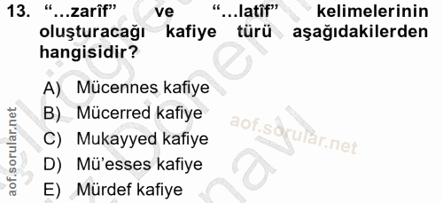 13. soru: "...zarif" ve ..latif" kelimelerinin oluşturacağı kafiye türü aşağıdakilerden hangisidir? A) Mücennes kafiye B) Mücer…