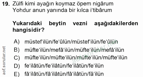 19. soru: Zülfi kimi ayağın koymaz öpem nigârum Yohdur anun yanında bir kılca i'tibârum Yukarıdaki beytin vezni aşağıdakilerden…