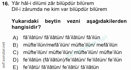 16. soru: Yâr hâl-i dilümi zâr bilüpdür bilürem Dil-i zârumda ne kim var bilüpdür bilürem Yukarıdaki beytin vezni aşağıdakilerd…