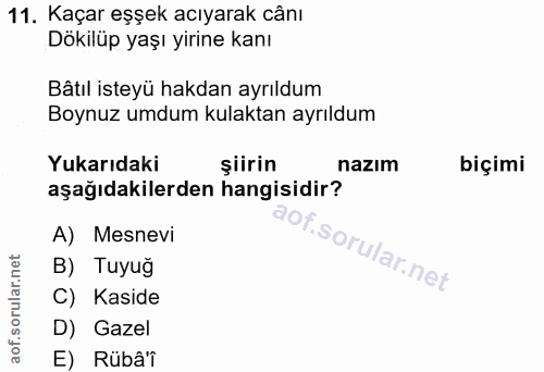 11. soru: Kaçar eşşek acıyarak cânı Dökilüp yaşı yirine kanı Bâtıl isteyü hakdan ayrıldum Boynuz umdum kulaktan ayrıldum Yukarı…