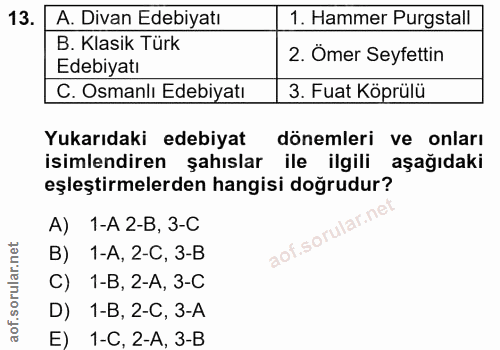 13. soru: A. Divan Edebiyatı 1. Hammer Purgstall B. Klasik Türk 2. Ömer Seyfettin Edebiyatı C. Osmanlı Edebiyatı 3. Fuat Köprül…