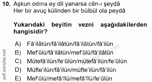 10. soru: Aşkun odına ey dil yanarsa cân-ı şeydâ Her bir avuç külinden bir bülbül ola peydâ Yukarıdaki beyitin vezni aşağıdakil…