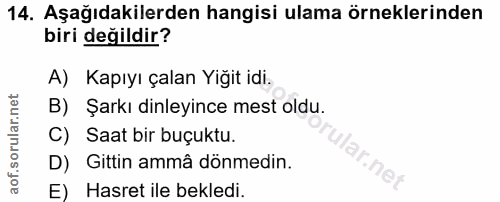 14. soru: Aşağıdakilerden hangisi ulama örneklerinden biri değildir? A) Kapıyı çalan Yiğit idi. B) Şarkı dinleyince mest oldu.…