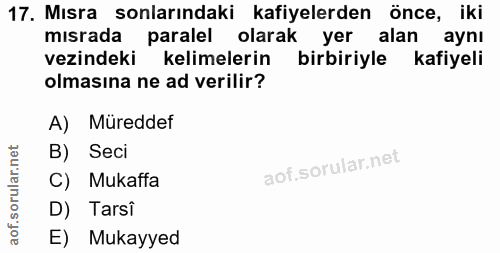 17. soru: Mısra sonlarındaki kafiyelerden önce, iki mısrada paralel olarak yer alan aynı vezindeki kelimelerin birbiriyle kafiy…